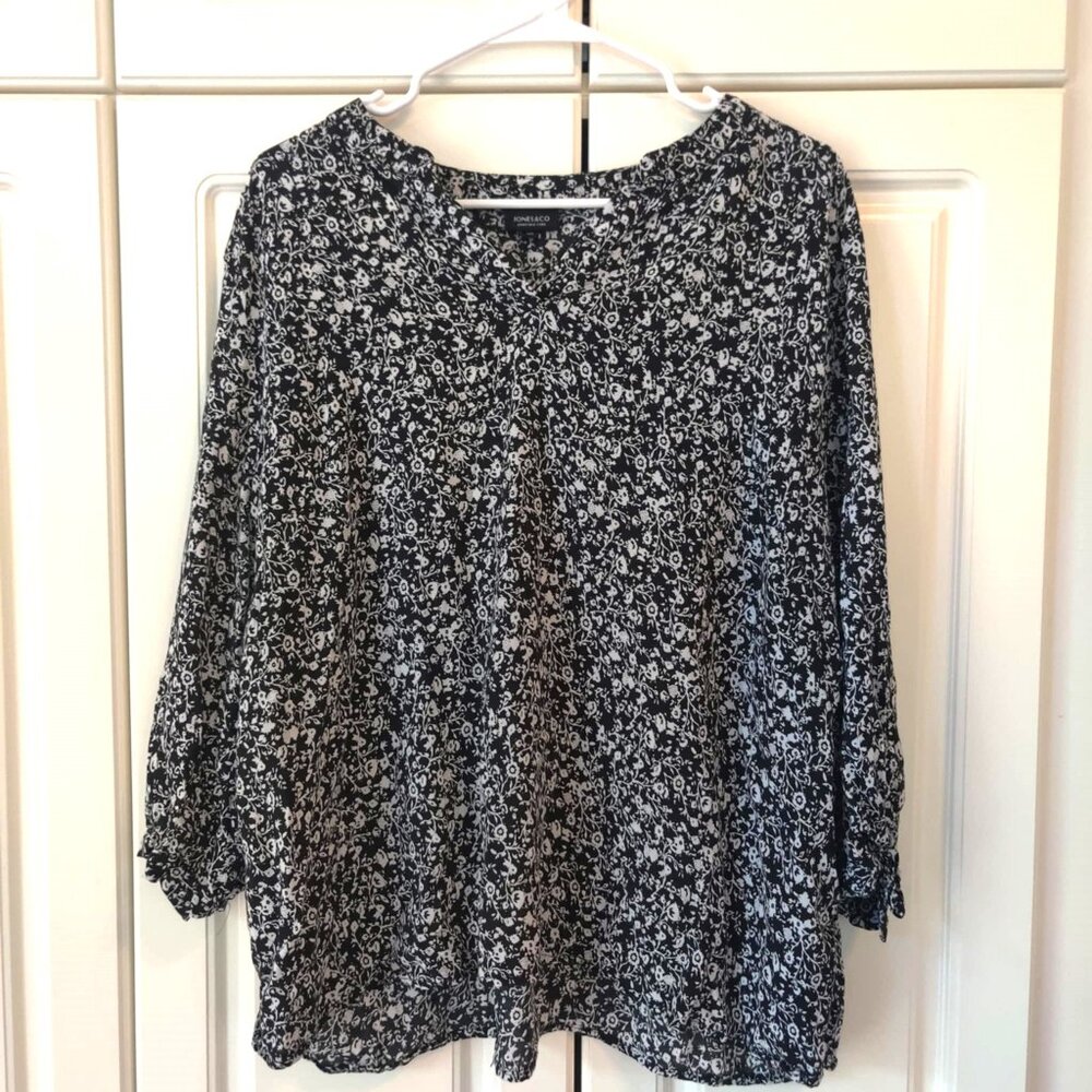 Jones New York Black & White Floral 3/4-Sleeve Women's Top